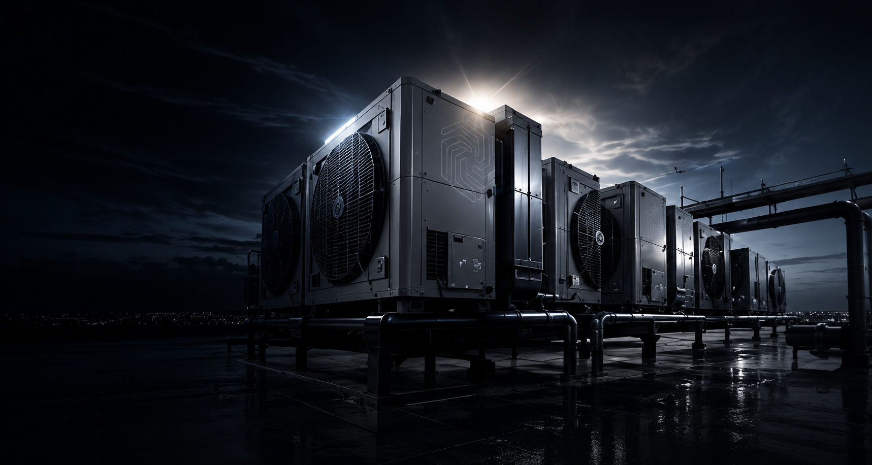 Unidades de climatização industrial em cobertura técnica à noite
