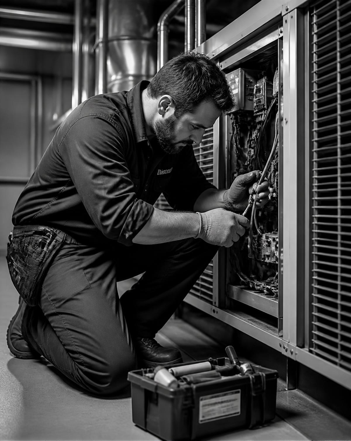 Técnico Startek realizando manutenção em equipamento HVAC